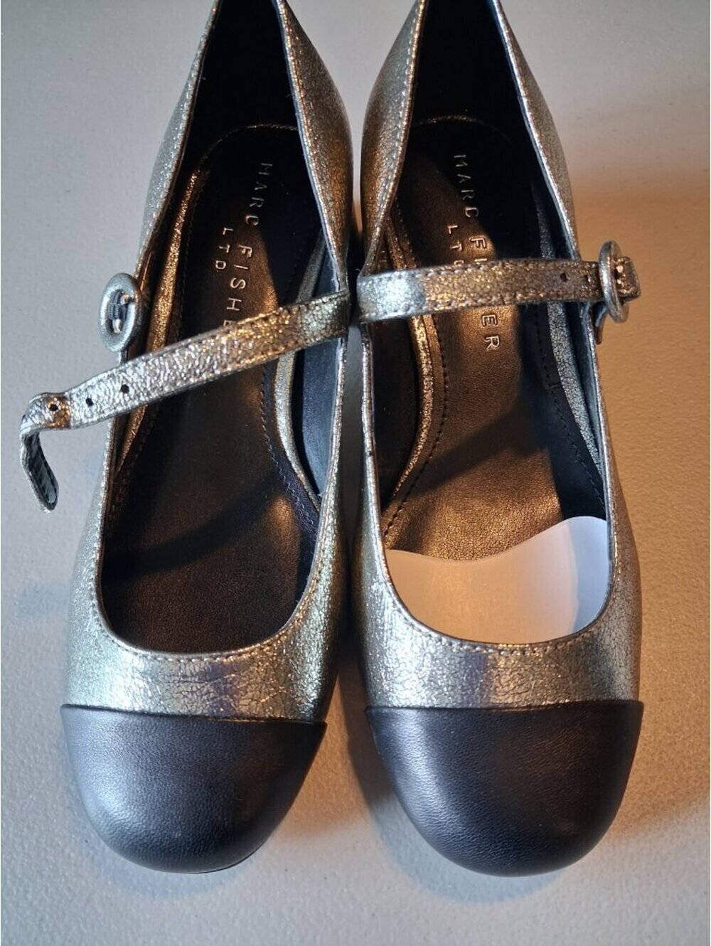 Marc Fisher LTD Silver and Black Mary Jane Heels Size 5.5